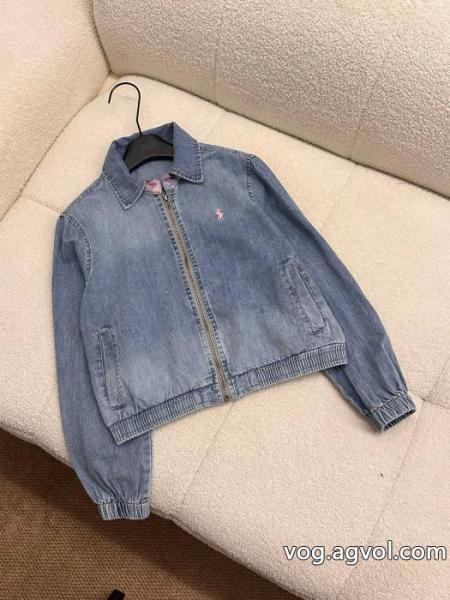 Ralph Laurenピンクポニー刺繍パッチワーク開襟ジッパーデニムコート 0 