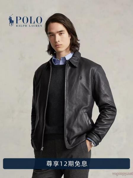 Ralph Laurenラルフローレン高品質クラシックピュアカラー開襟レザージャケット 0 